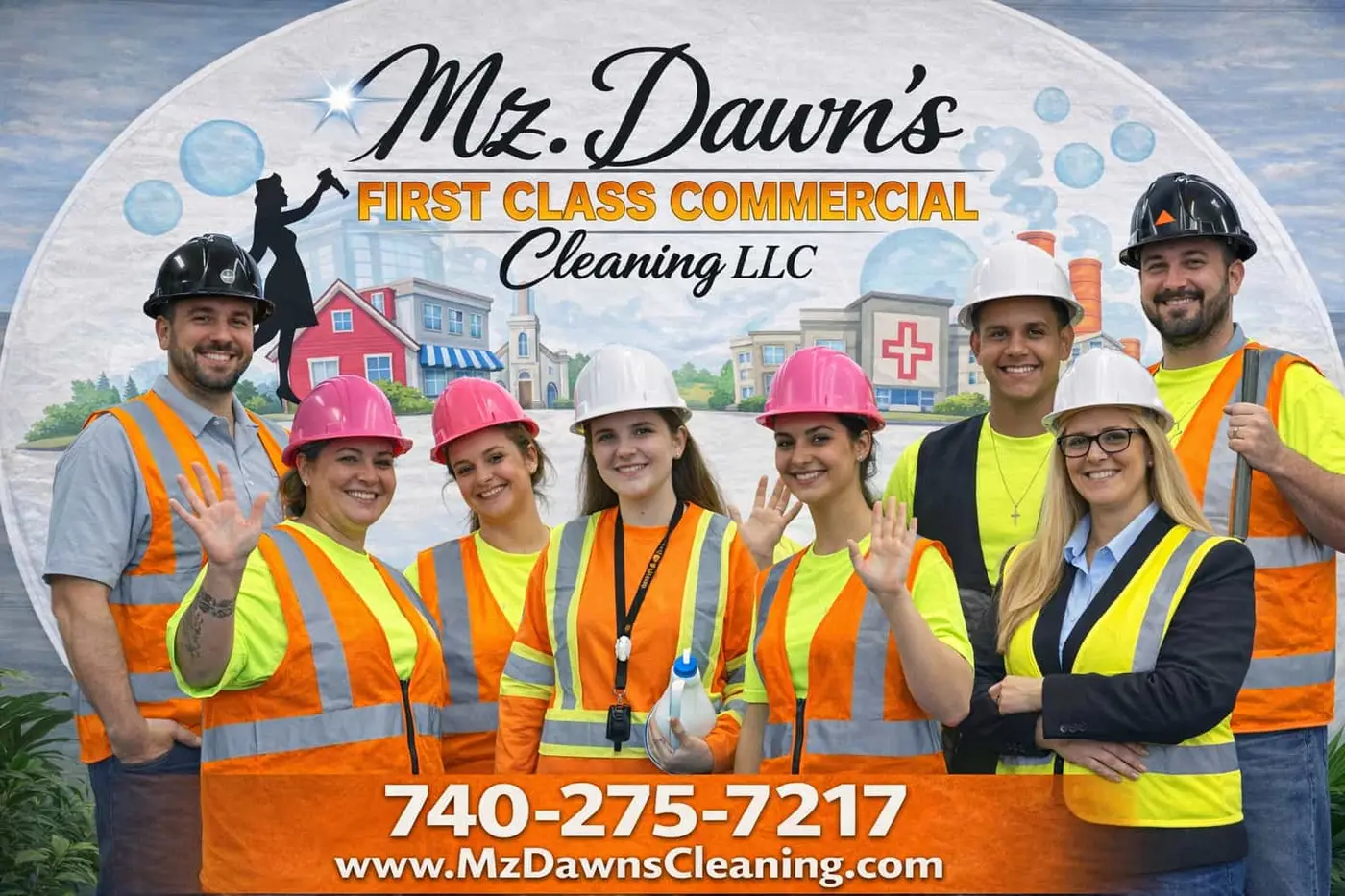 Mz. Dawn’s cleaning team in safety vests and hard hats